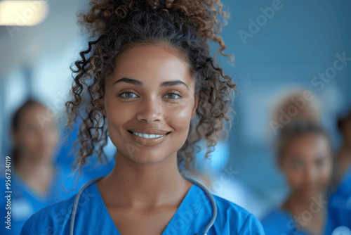 Smiling Young Nurse In Blue Scrubs With Curly Hair And Stethoscope In Hospital Setting