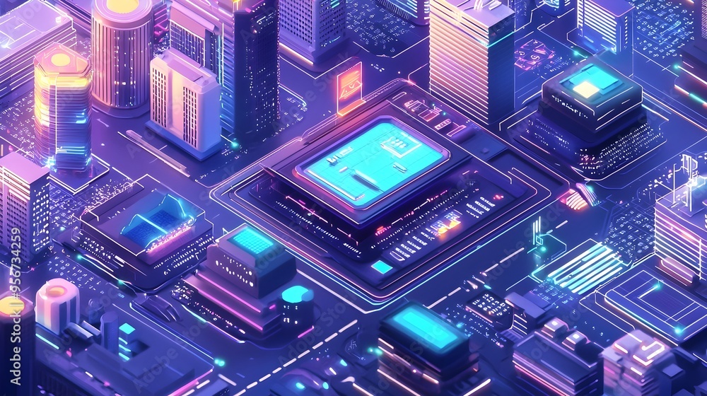 Futuristic City with Economic Policy Driving Digital Innovation and Tech Symbols Futuristic City with Economic Policy Driving Digital Innovation and Tech Symbols