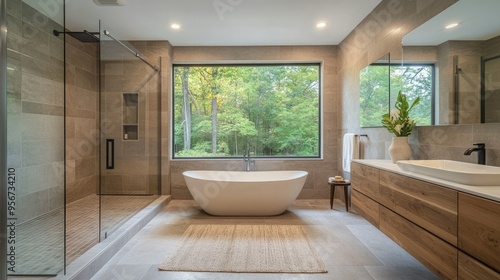 Modern bathroom design featuring a freestanding tub, floor-to-ceiling tiles, a walk-in shower with a rain head, and natural wood elements