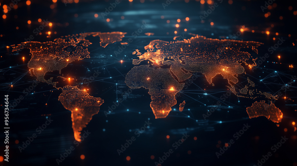 A stunning digital world map showcasing a vibrant global network of connections and data flow A stunning digital world map showcasing a vibrant global network of connections and data flow