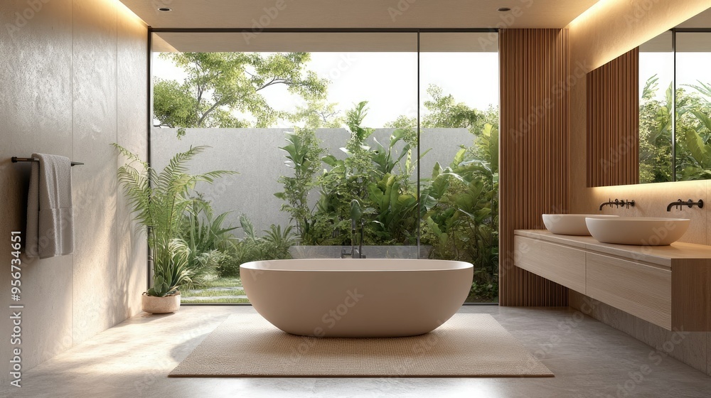 Modern bathroom interior with sleek fixtures, a freestanding bathtub, and a large window offering natural light and views of a private garden Modern bathroom interior with sleek fixtures, a freestanding bathtub, and a large window offering natural light and views of a private garden