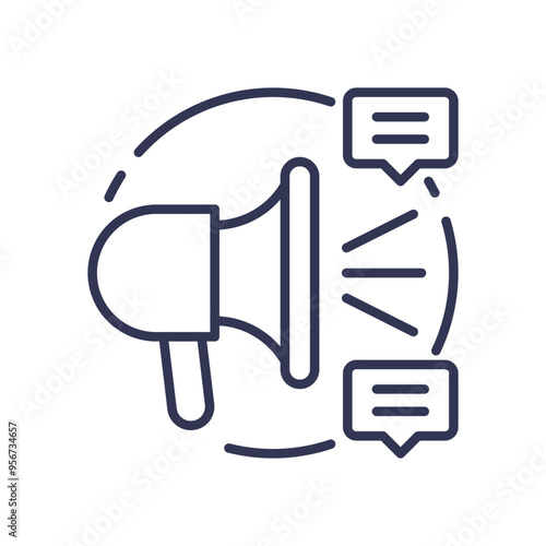 Line art of a megaphone with speech bubbles, symbolizing communication and promotion in a marketing plan.