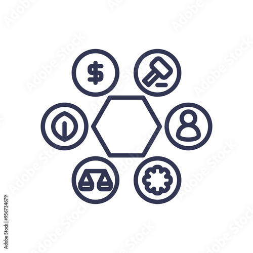 Icons representing economic, legal, social, technological, environmental, and political factors in a PESTLE analysis.