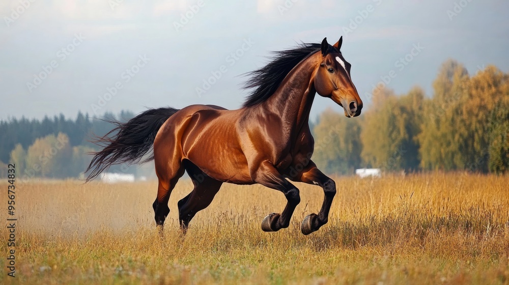 Obraz premium Bay Horse Galloping Through Golden Field.