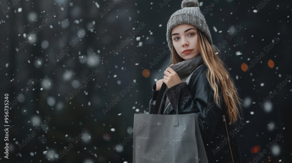 Exciting black friday shopping experience woman with grey bag captures the festive atmosphere Exciting black friday shopping experience woman with grey bag captures the festive atmosphere