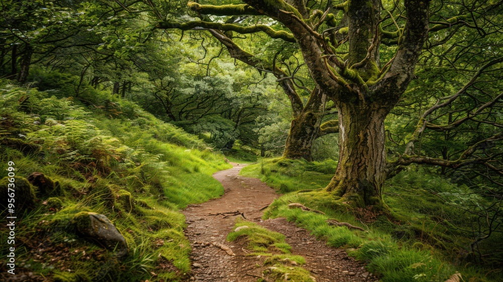 A nature trail leading through a quiet, mossy glen, with ancient trees and a sense of timeless tranquility enveloping the path. A nature trail leading through a quiet, mossy glen, with ancient trees and a sense of timeless tranquility enveloping the path.