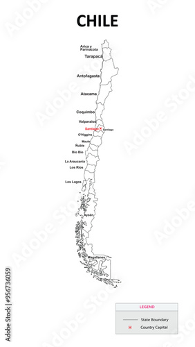 Chile Map. State and district map of Chile. Administrative map of Chile with states and boundaries in white color.