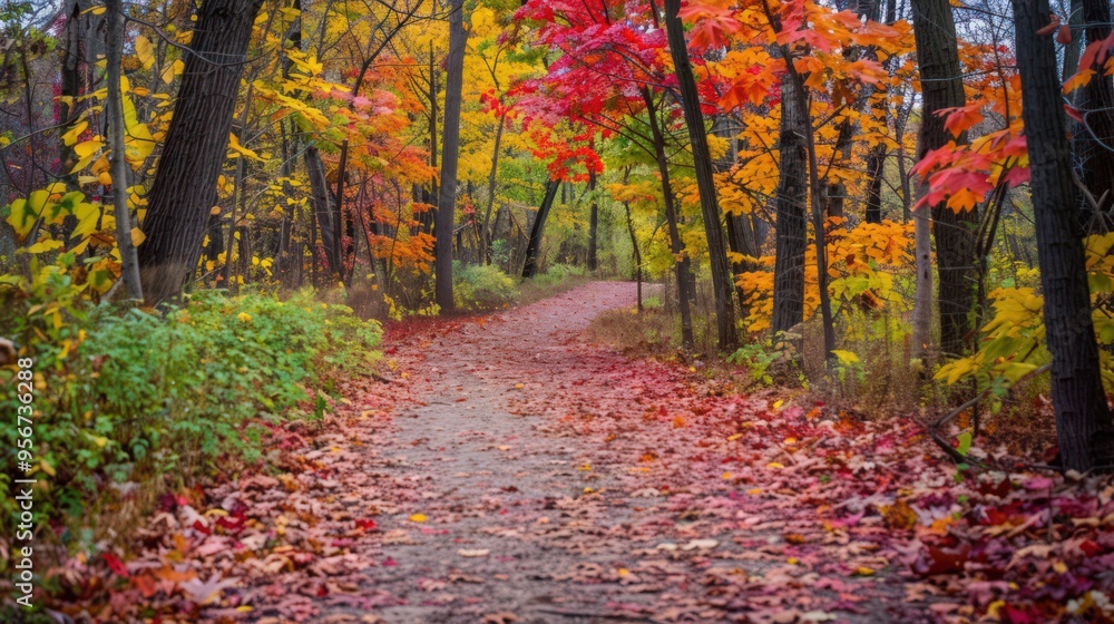 Naklejka premium A nature trail through a colorful autumn forest, with a canopy of red, orange, and yellow leaves and a blanket of fallen foliage covering the ground.