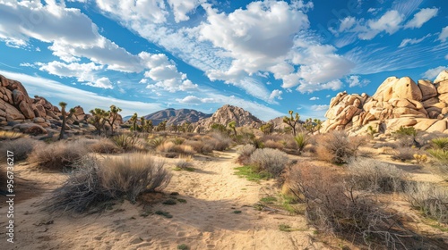 serene desert landscape, with unique rock formations, sparse vegetation, and the vast expanse of the desert sky.