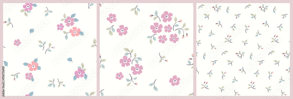 Seamless floral pattern, liberty ditsy print, abstract ornament in romantic folk motif. Cute botanical design: small pink hand drawn flowers, tiny leaves, simple mini bouquets. Vector illustration. Seamless floral pattern, liberty ditsy print, abstract ornament in romantic folk motif. Cute botanical design: small pink hand drawn flowers, tiny leaves, simple mini bouquets. Vector illustration.