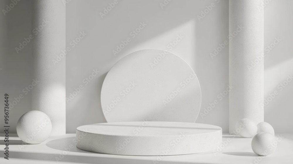 Minimalist White Platform with Geometric Shapes and Shadows.