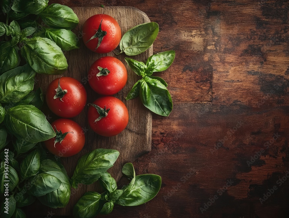 Fresh Farmer Tomatoes and Basil Leaves on Wooden Table Fresh Farmer Tomatoes and Basil Leaves on Wooden Table