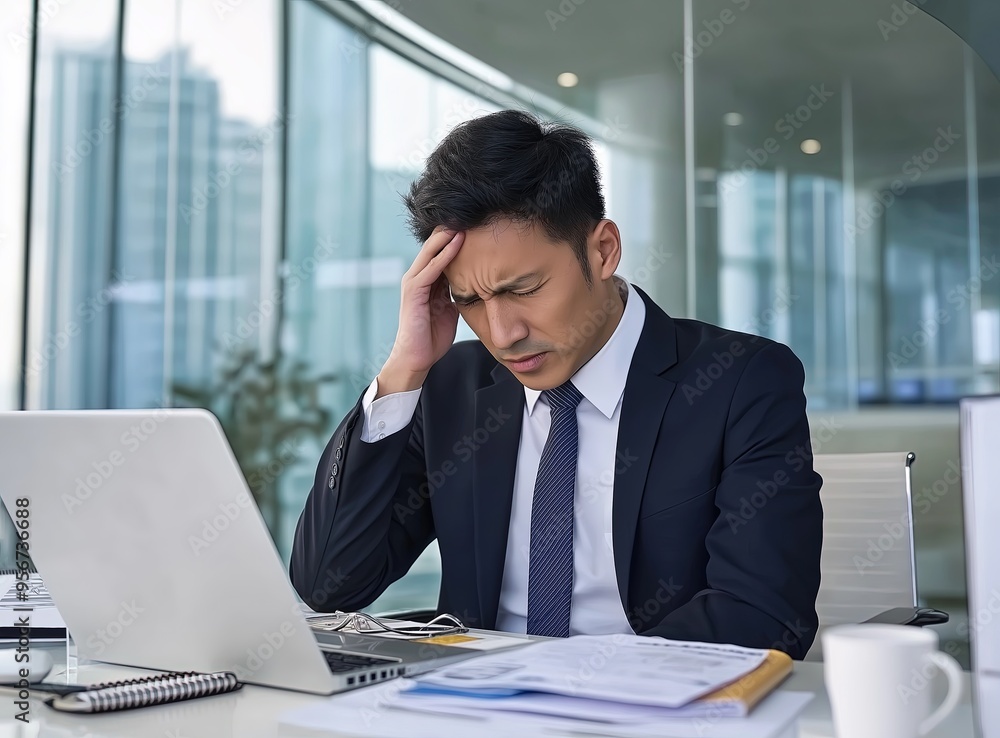businessman is sitting at his desk, holding his head in pain and feeling overwhelmed by the work that needs to be done. businessman is sitting at his desk, holding his head in pain and feeling overwhelmed by the work that needs to be done.