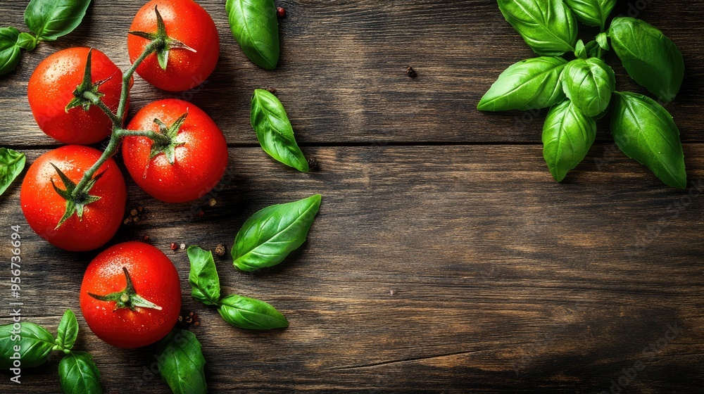 Fresh Farmer Tomatoes and Basil Leaves on Wooden Table Fresh Farmer Tomatoes and Basil Leaves on Wooden Table