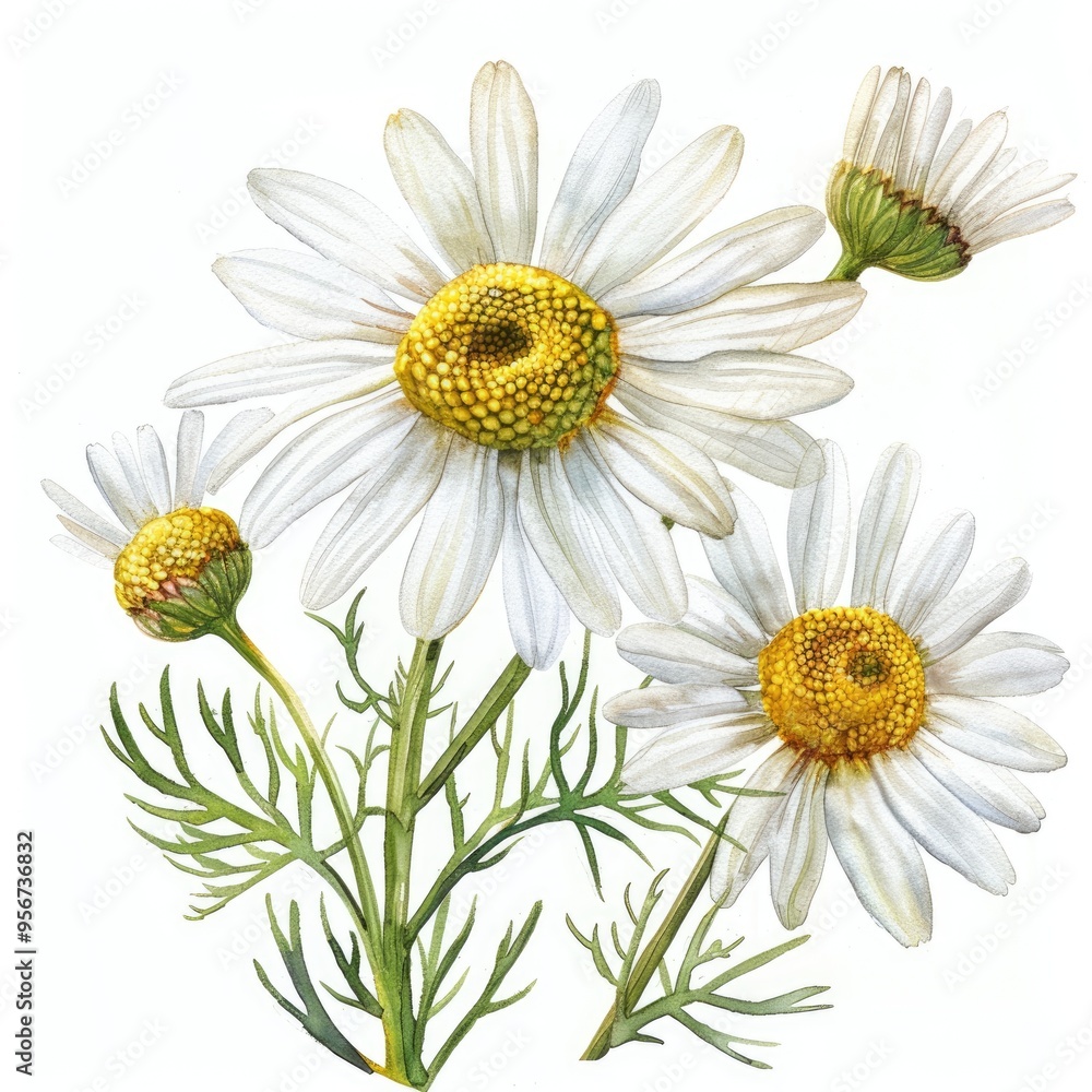 Fototapeta premium Hand-drawn Chamomile Flowers in Watercolor, Essence of Nature for Herbal Medicine and Aromatherapy