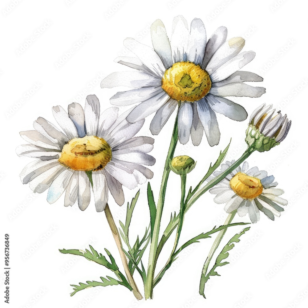 Fototapeta premium Hand-drawn Chamomile Flowers in Watercolor, Symbol of Herbal Medicine and Aromatherapy