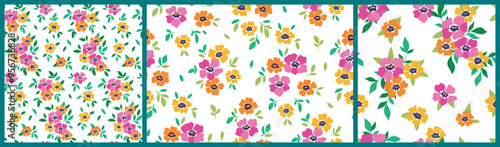 Seamless floral pattern, liberty ditsy print, abstract ornament in colorful summer motif. Cute botanical design collection: small hand drawn flowers, tiny leaves, simple bouquets. Vector illustration.