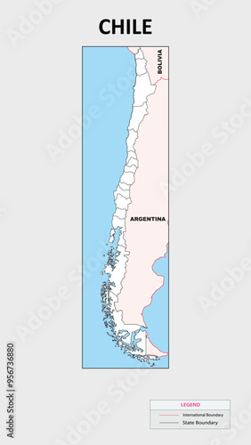 Chile Map. Political map of Chile with state border in outline. Political map of Chile with outline and neighbouring countries.