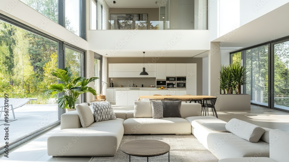 Modern home interior with a bright, airy living room, featuring sleek furniture and neutral decor, designed for maximum appeal in the real estate market Modern home interior with a bright, airy living room, featuring sleek furniture and neutral decor, designed for maximum appeal in the real estate market
