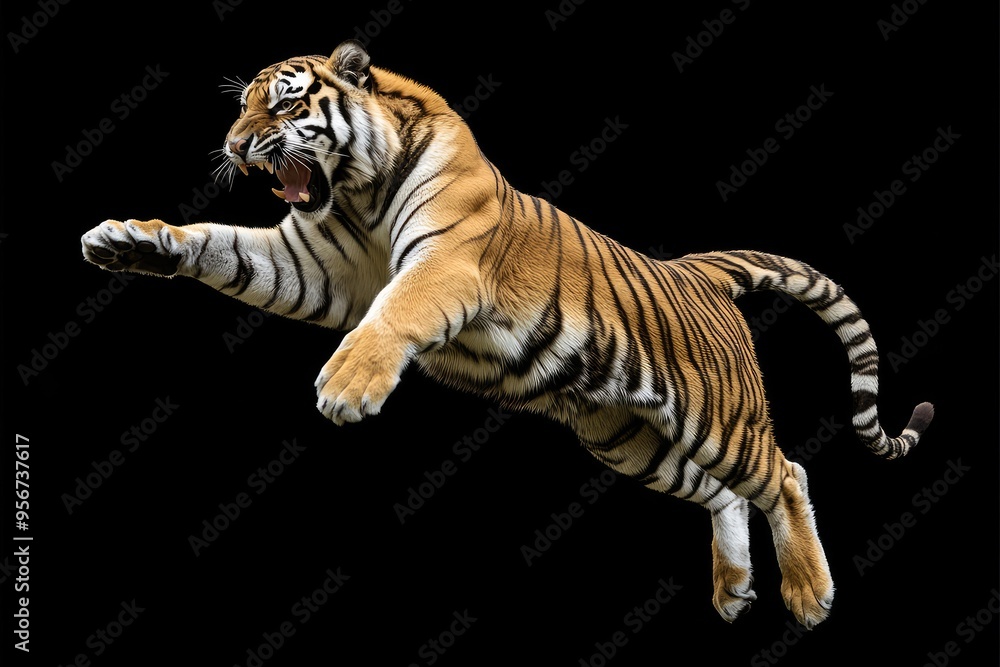 Obraz premium A Tiger Leaping in Mid-Air with Fangs Bared