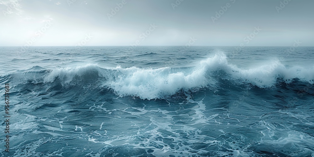 A panoramic view of endless sea waves stretching to the horizon under a uniformly gray sky, with minimalist copy space below for simplicity A panoramic view of endless sea waves stretching to the horizon under a uniformly gray sky, with minimalist copy space below for simplicity