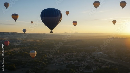 Aerial View of Colorful Hot Air Balloons at Sunrise