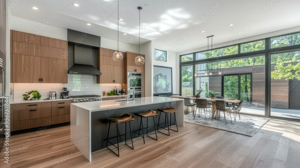 Modern kitchen with an open floor plan, featuring sleek cabinetry, a large island with bar stools, and high-end appliances, ready for real estate listings Modern kitchen with an open floor plan, featuring sleek cabinetry, a large island with bar stools, and high-end appliances, ready for real estate listings
