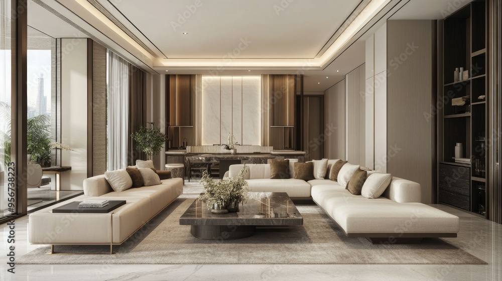 Modern living room in a Bangkok residence with contemporary furniture and stylish decor, showcasing an elegant design before entering the real estate market Modern living room in a Bangkok residence with contemporary furniture and stylish decor, showcasing an elegant design before entering the real estate market
