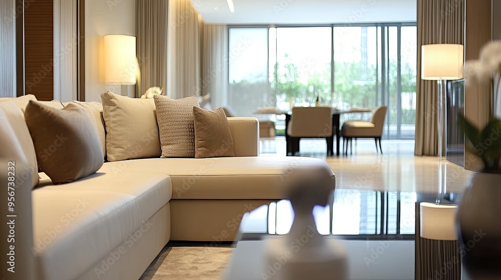 Modern living room in a Bangkok residence with contemporary furniture and stylish decor, showcasing an elegant design before entering the real estate market Modern living room in a Bangkok residence with contemporary furniture and stylish decor, showcasing an elegant design before entering the real estate market