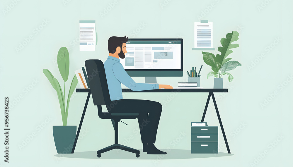 “Illustration of a Man Sitting at a Desk with a Computer, Ideal for Work-from-Home and Productivity Concepts”
“Illustration of a Man Sitting at a Desk with a Computer, Ideal for Work-from-Home and Productivity Concepts”