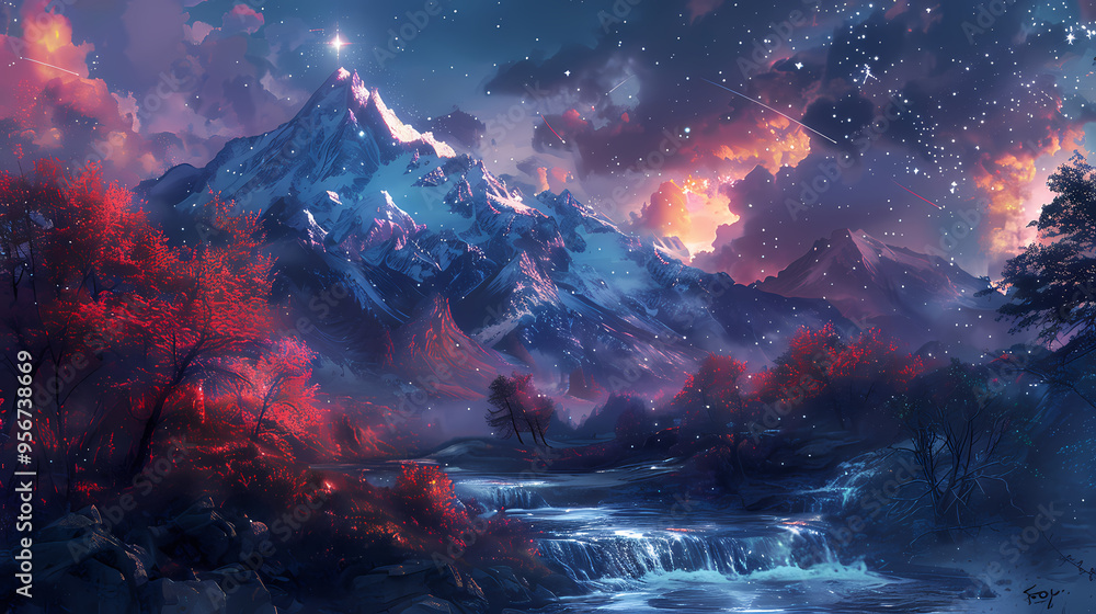 Fototapeta premium A stunning blue winding river with an electric current flowing through it leads to a snow-capped mountain with a star just above it.