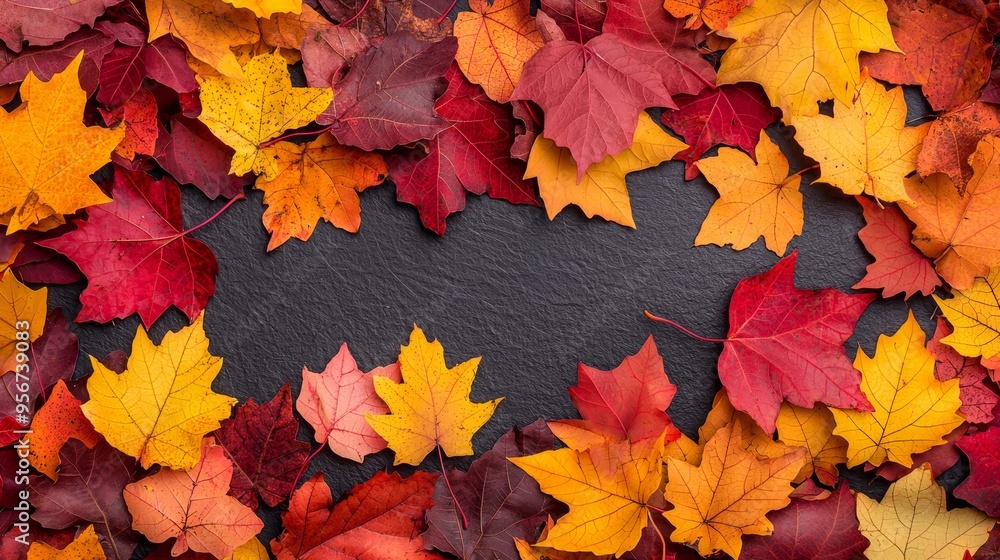 Vibrant Autumn Symphony: Close-Up of Colorful Layers of Fall Leaves with Copy Space Vibrant Autumn Symphony: Close-Up of Colorful Layers of Fall Leaves with Copy Space