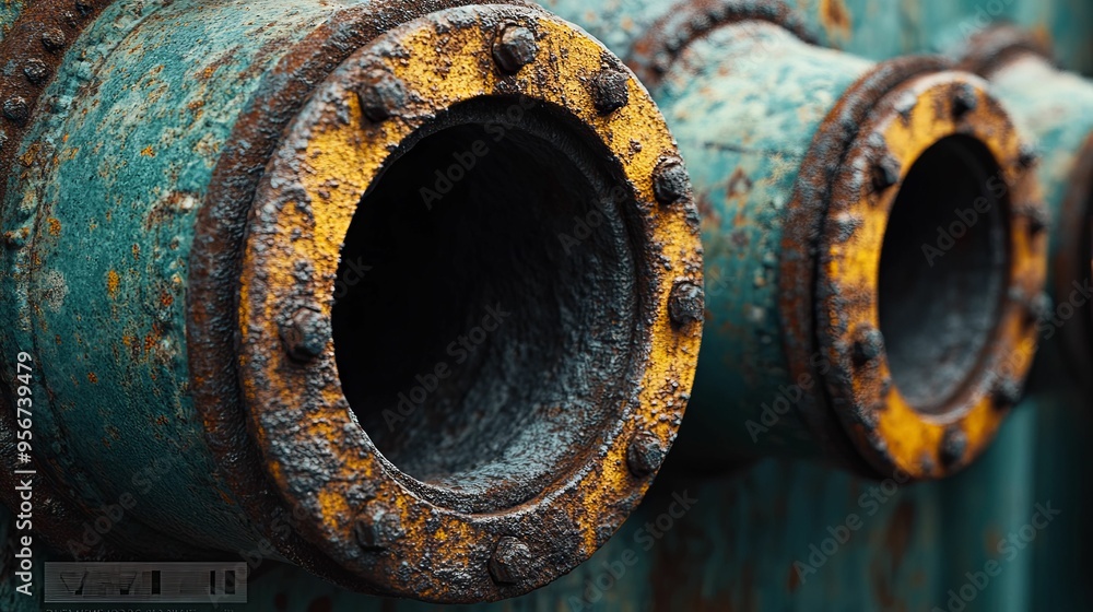 Close-up of Rusty Pipes with Yellow Stripes and Bolts Close-up of Rusty Pipes with Yellow Stripes and Bolts