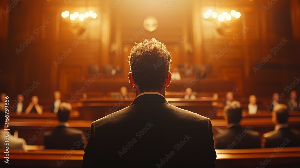 Man Standing In Courtroom With Judge And Jury In Background Man Standing In Courtroom With Judge And Jury In Background