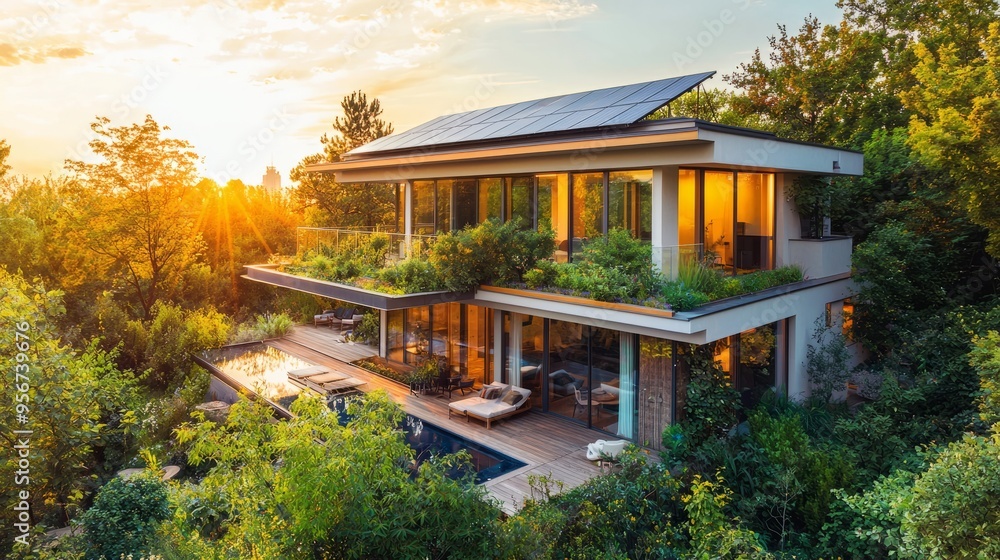 Sustainable Home Solar Panels Rainwater Collection. Eco-Friendly Architecture Sustainable Home Solar Panels Rainwater Collection. Eco-Friendly Architecture