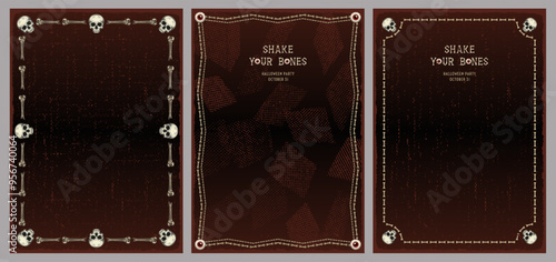Vintage vertical frames made with skull, bones. Dar red textured background with copy space. For Halloween, Dia de los Muertos holiday decoration. Template for menu, poster, invitation. A4