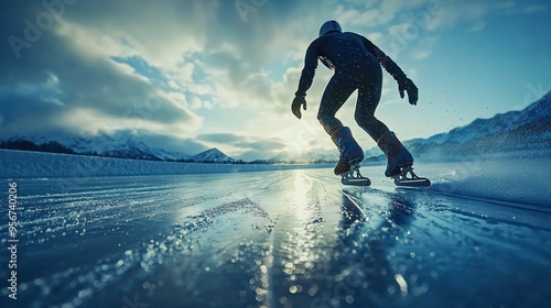 Speed Skater In Action On Ice With Dramatic Lighting photo