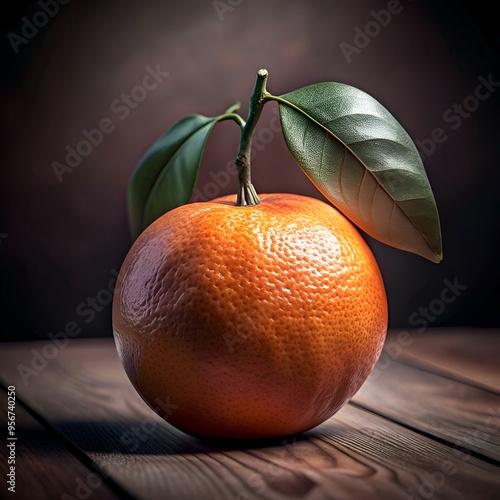 A realistic 3D rendering of a single tangerine with a green leaf. resting on a wooden surface.