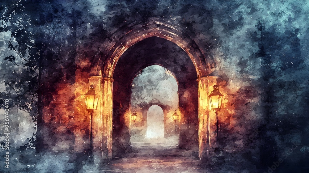 Enchanting Gothic Archway with Flickering Lanterns along a Winding Watercolor Path
