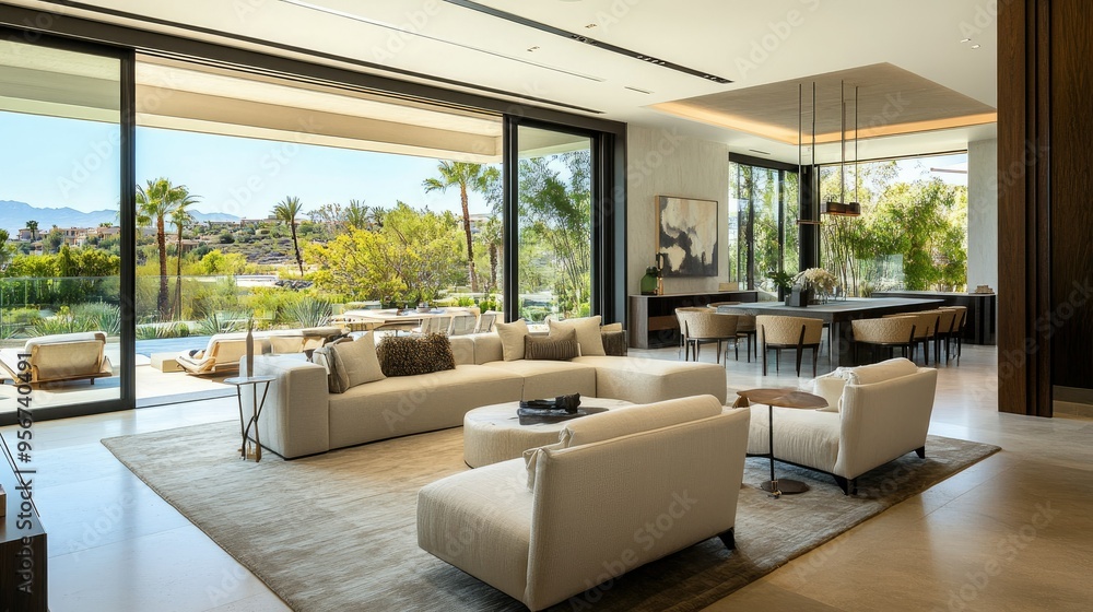 Open-plan living area in a modern residence with neutral tones, elegant furniture, and floor-to-ceiling windows showcasing the outdoor views Open-plan living area in a modern residence with neutral tones, elegant furniture, and floor-to-ceiling windows showcasing the outdoor views