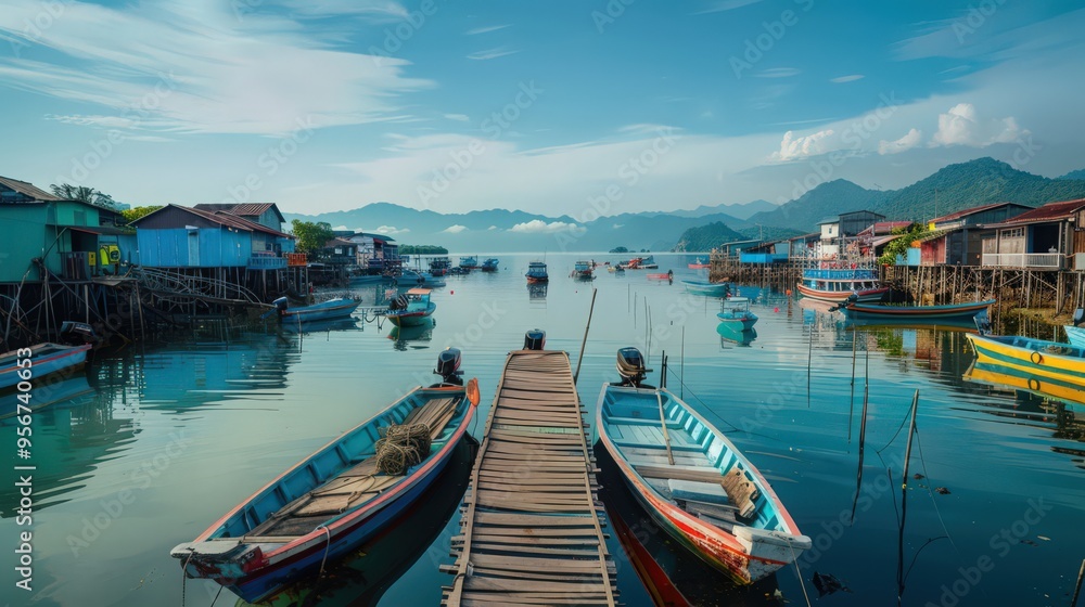 A panoramic view of a fishing village with colorful boats lined up along a dock, surrounded by calm waters and distant mountains. A panoramic view of a fishing village with colorful boats lined up along a dock, surrounded by calm waters and distant mountains.
