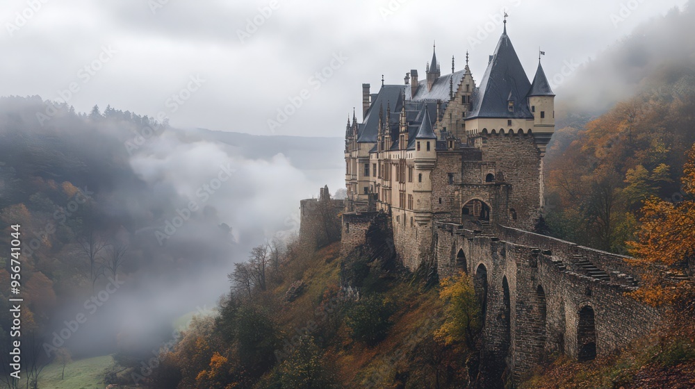 Fototapeta premium A panoramic view of a medieval castle surrounded by a misty morning fog, creating a mystical and enchanting atmosphere.