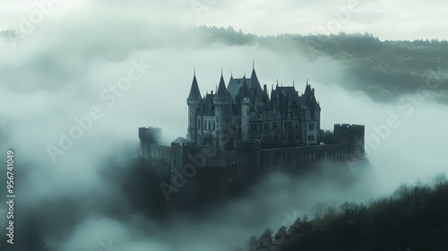 A panoramic view of a medieval castle surrounded by a misty morning fog, creating a mystical and enchanting atmosphere.