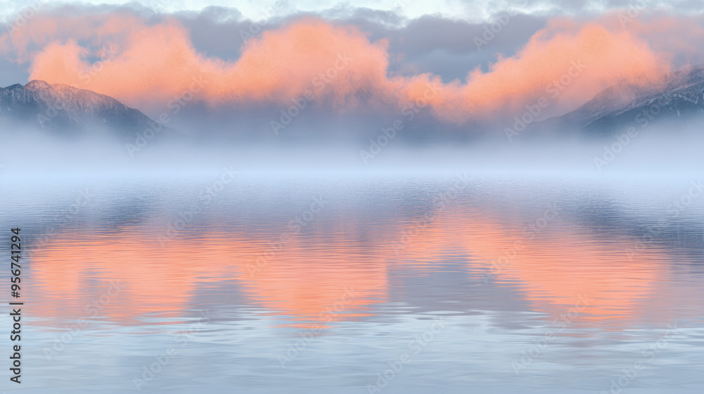 Mountains shrouded in mist during dawn, with soft sunlight painting the clouds pink, creating a dreamy and ethereal scene. Mountains shrouded in mist during dawn, with soft sunlight painting the clouds pink, creating a dreamy and ethereal scene.