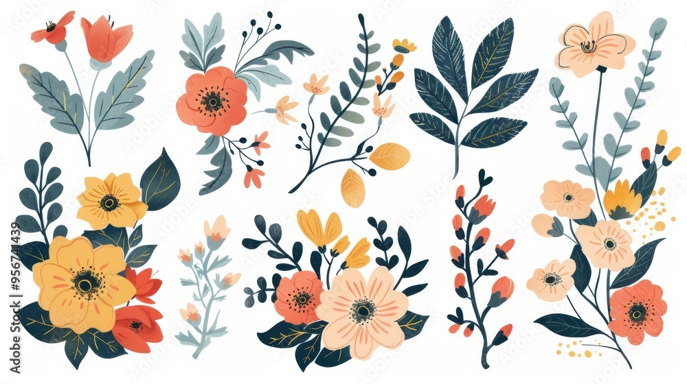 Collection of hand-drawn spring blossoms and leafy branches, ideal for Thanksgiving decor and clipart