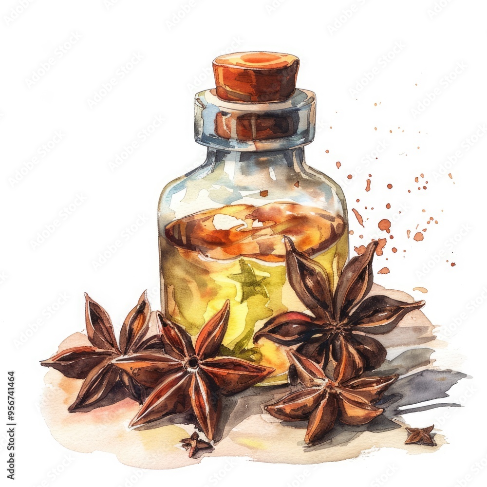 Hand-drawn Watercolor Illustration of Star Anise and Essential Oil Bottle for Aromatherapy Spa Treatment
