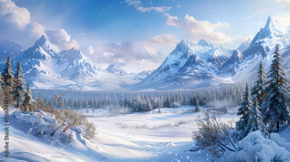 A panoramic view of a snow-covered valley with snow-dusted peaks rising in the distance, A panoramic view of a snow-covered valley with snow-dusted peaks rising in the distance,