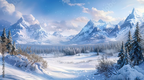 Wallpaper Mural A panoramic view of a snow-covered valley with snow-dusted peaks rising in the distance, Torontodigital.ca