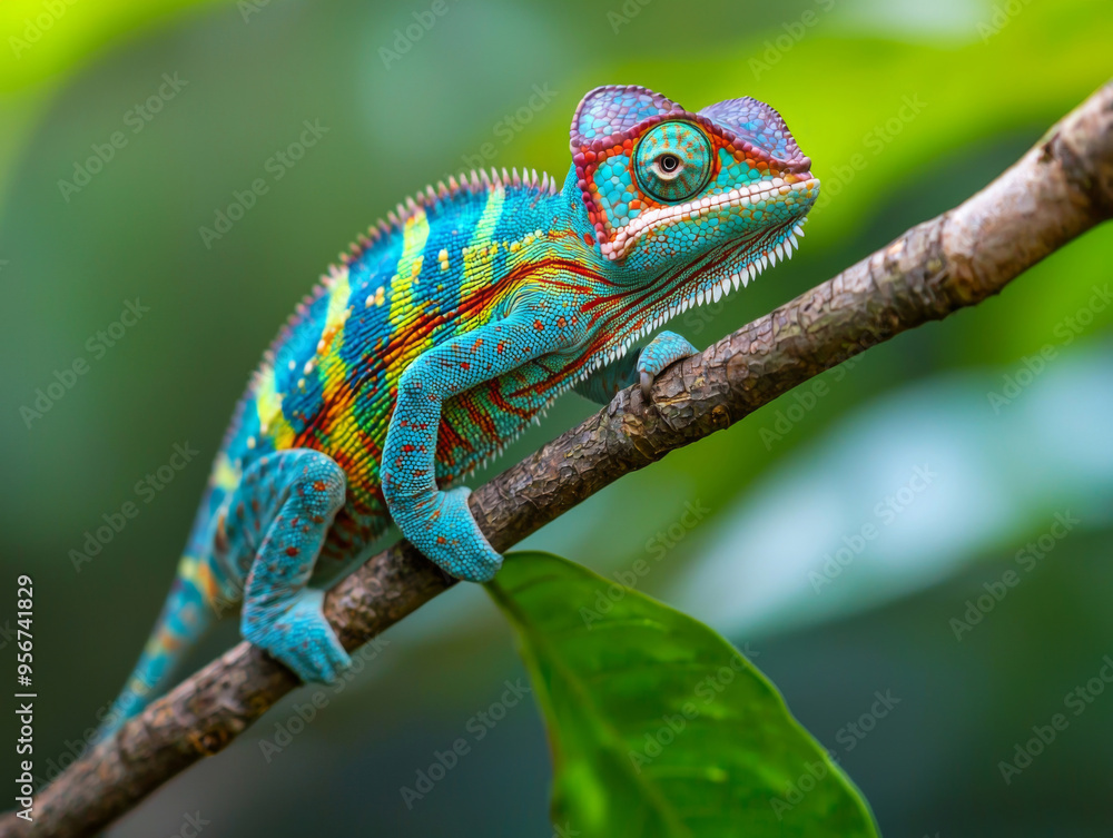 Obraz premium A colorful chameleon is perched on a green leaf. The bright colors of the chameleon contrast with the green leaf, creating a vibrant and lively scene