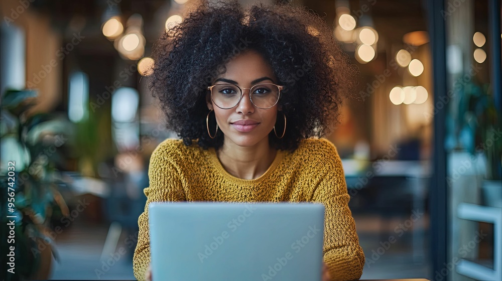 Woman with curly hair and glasses using a laptop Woman with curly hair and glasses using a laptop